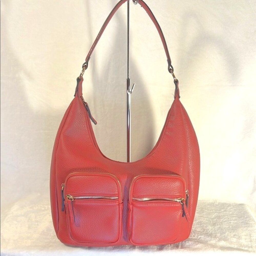 Red Crescent Hobo Bag with Pebbled Faux Leather Finish